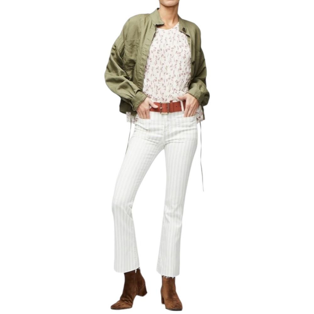 FRAME Women’s Tan+White Striped Le Bardot Crop Flare Raw Edge Denim Pant-size 33